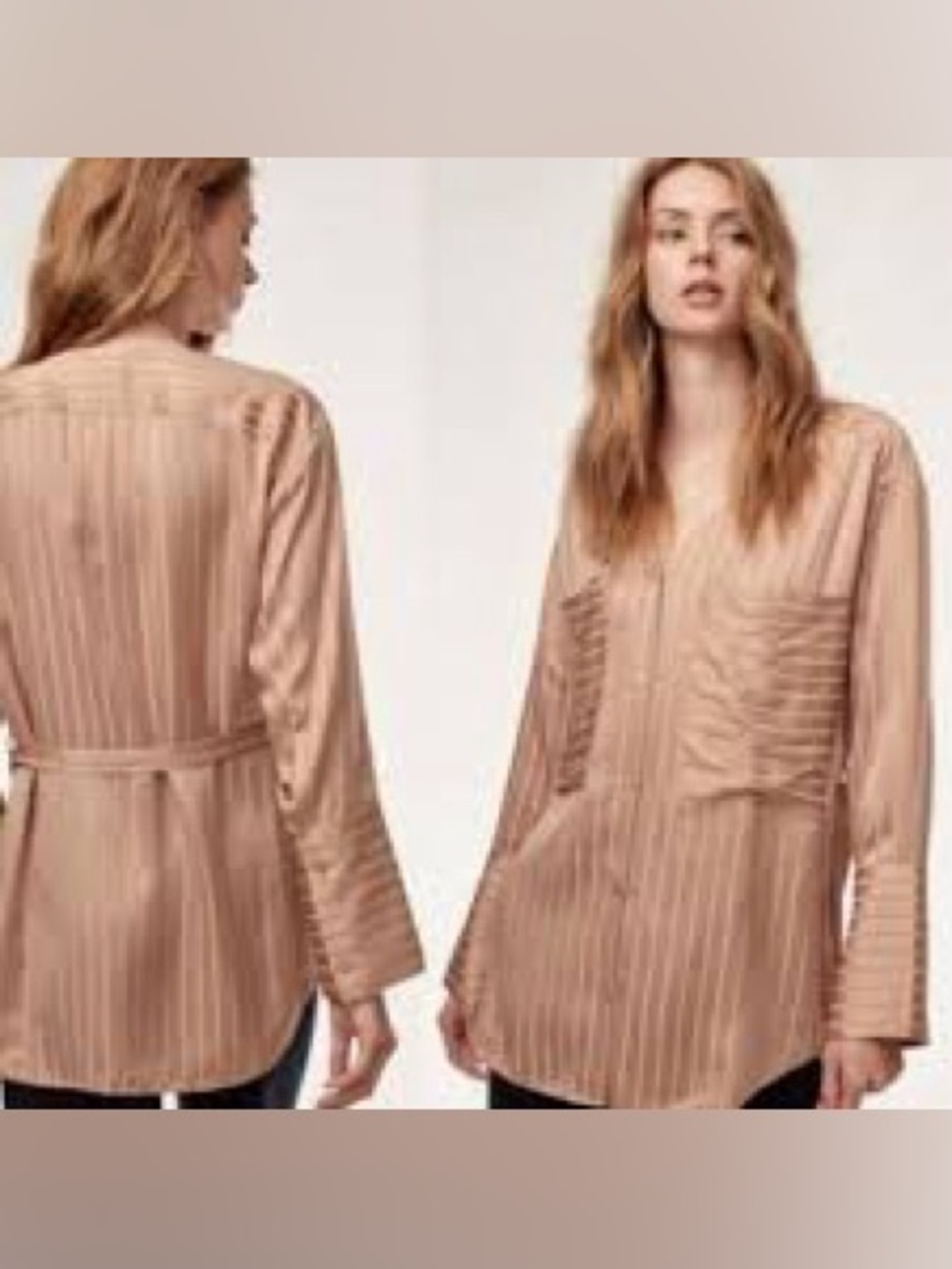 Wilfred Tan long sleeve silk rayon striped button up belted shirt v-neck size XS